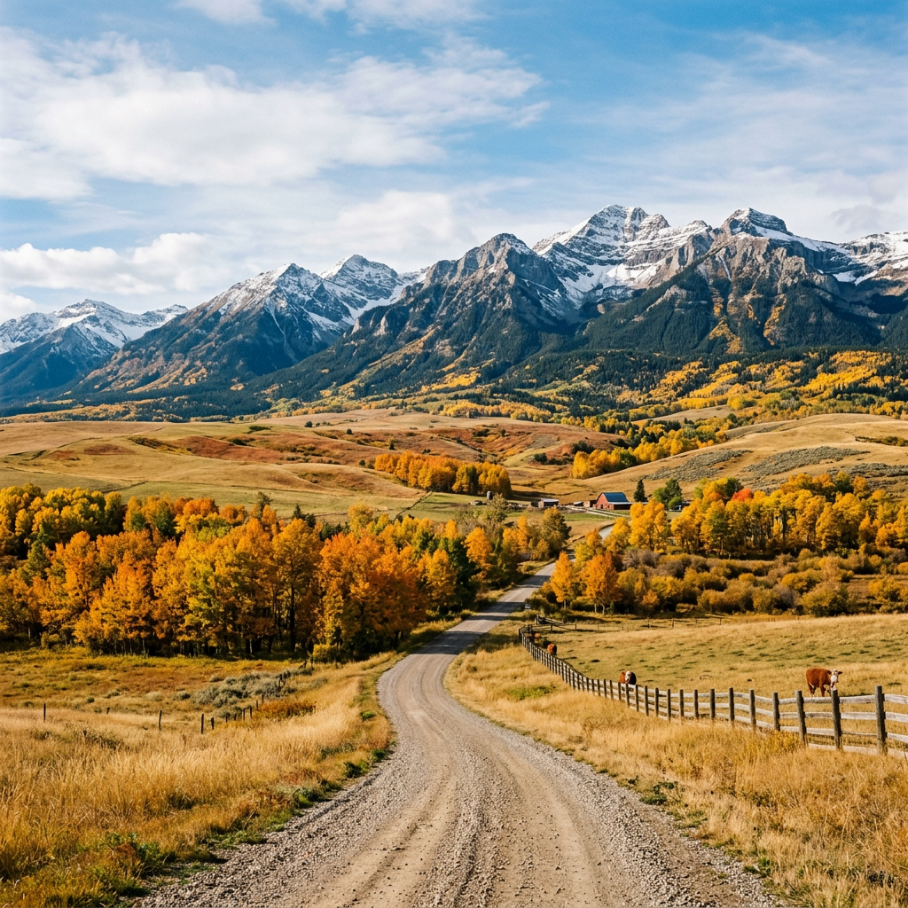 Gravel road winding through autumn fields beneath snowcapped mountains